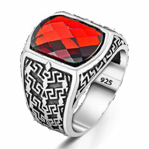 Red Zircon Stone Greek Pattern Motif Sterling Silver Ring 100350275