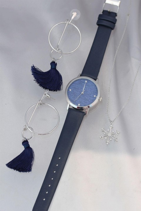 Watchs - Navy Blue Leather Strap Silver Case Women's Watch Necklace and Earrings Set 100319042 - Turkey