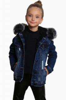 Coat, Trench Coat - Girls' Hooded Pull-Out Gray Fur Denim Coat 100328707 - Turkey
