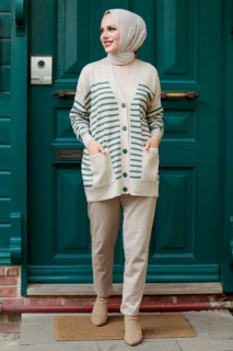 Woman Clothing - Almond Green Hijab Knitwear Cardigan 100338383 - Turkey