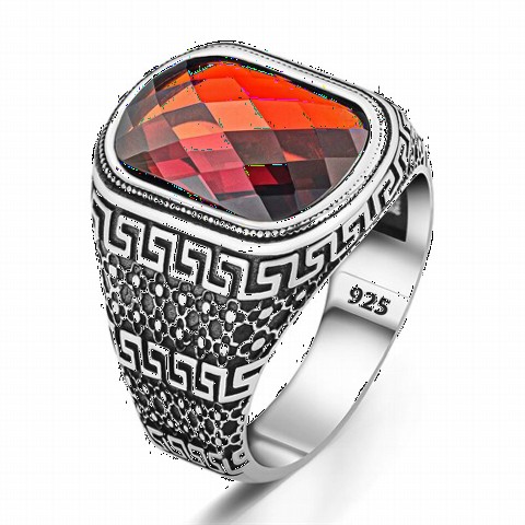 Zircon Stone Rings - Red Zircon Pattern Embroidered Silver Ring 100350269 - Turkey