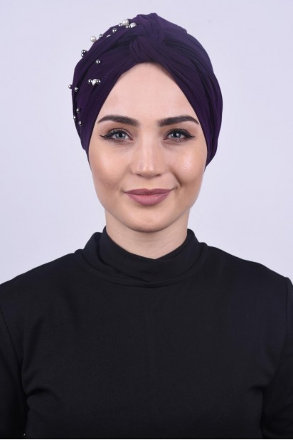 Woman Bonnet & Turban - بونيه ملفوفة باللؤلؤ ارجواني - Turkey