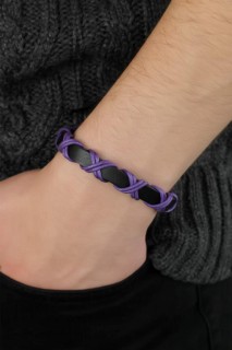 Men - Purple Cross Corded Black Color Leather Men's Bracelet 100342420 - Turkey