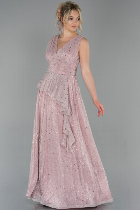 Woman Clothing - Evening Dresses Sleeveless V Neck Glittery Long Evening Dress 100297229 - Turkey