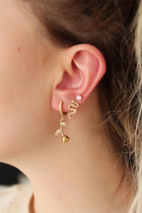 Steel Zircon Stone Snake and Rose Detail Earring Set 100319741