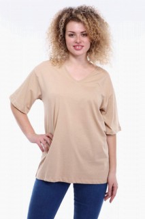 Large Size V Neck Cream T-shirt 100276765