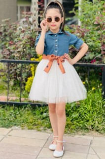Outwear - For Girls' Blue Denim Dress With Button And Skirt With Fluffy Tulle 100328718 - Turkey