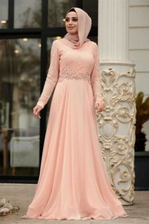 Wedding & Evening - Solmon Pink Hijab Evening Dress 100299373 - Turkey