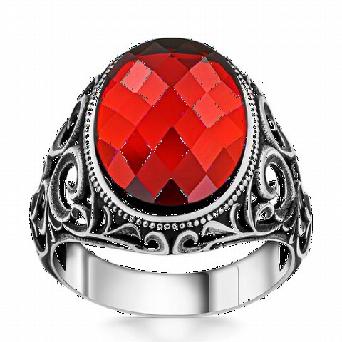 Ottoman Patterned Red Zircon Stone Silver Ring 100350241