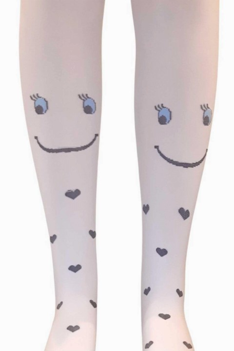 Girl's Smiling Face and Heart Printed White Tights 100328163