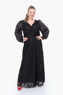 Long evening dress - Young Plus Size Guipure Black Dress 100276527 - Turkey
