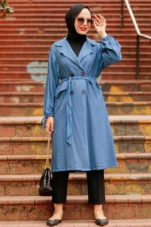 Coat - İndigo Blue Hijab Coat 100338905 - Turkey