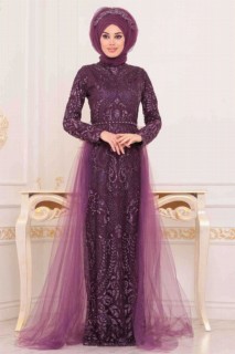 Evening & Party Dresses - Plum Color Hijab Evening Dress 100299692 - Turkey