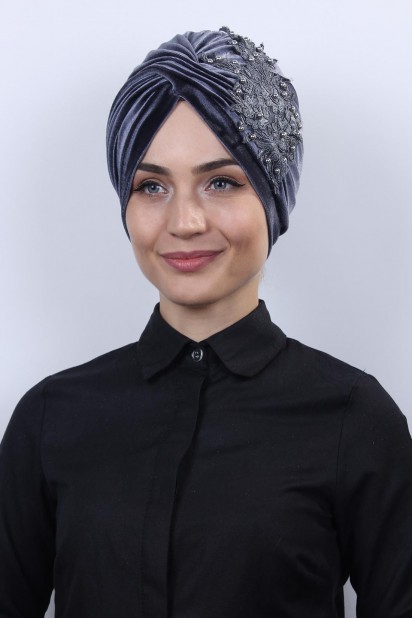 Woman Bonnet & Turban - آنتراسیت استخوان گیپور ورا مخملی - Turkey