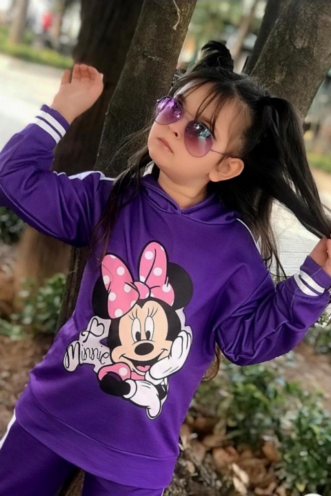 Boys Stripe Detailed Hooded Minnie Mouse Purple Tracksuit Suit 100327144