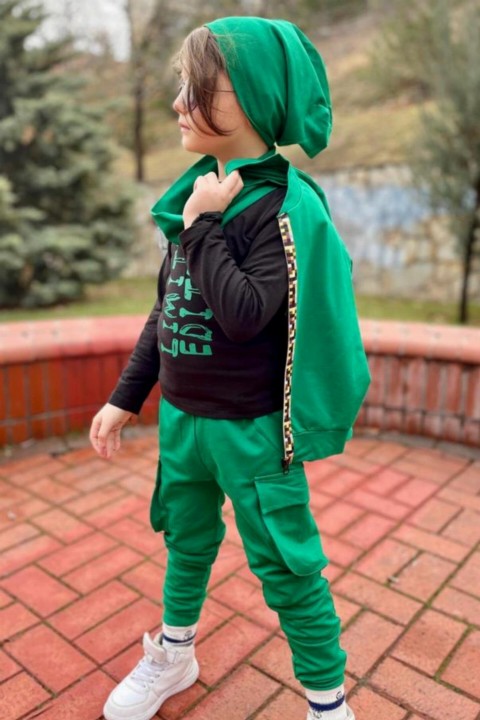 Boy's Cargo Pocket Neck Collar and Beret Green Tracksuit Suit 100327127