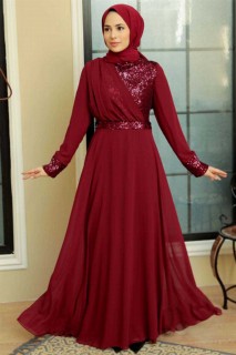 Evening & Party Dresses - Claret Red Hijab Evening Dress 100341717 - Turkey