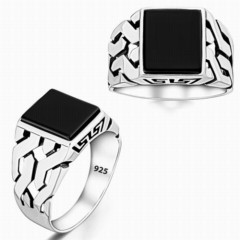 Onyx Stone Rings - خاتم رجالي من الفضة الإسترليني عيار 925 بحجر أونيكس أسود مربع 100346367 - Turkey