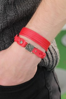 Patterned Metal Accessory Red Color Leather Men's Bracelet Combination 100318713