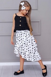 Girls - Girl's Strap Ruffle Blouse Star Printed White Slit Skirt Suit 100327213 - Turkey