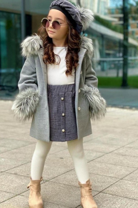 Outwear - Girl Kid Lady Fur Coat Gray Skirt Suit 100326882 - Turkey