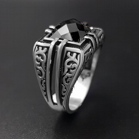 Square Stone Strip Pattern Silver Ring 100350251