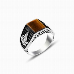 Tiger Eye Stone Ottoman Tugra Silver Ring 100347884