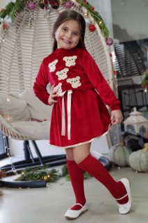 Girl's Teddy Bear Embroidered Velvet Claret Red Skirt Suit 100326930