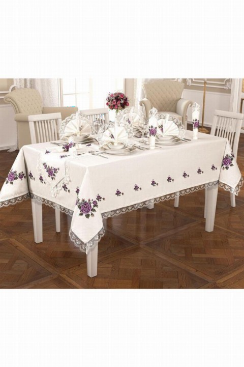 Cross-stitch Printed Guipure Table Cloth Set 18 Pieces Lilac 100257865