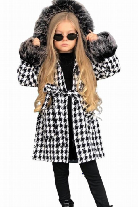 Girl Clothing - معطف أسود من الصوف بغطاء للرأس ومزين بنقشة نقشة بناتي 100330977 - Turkey