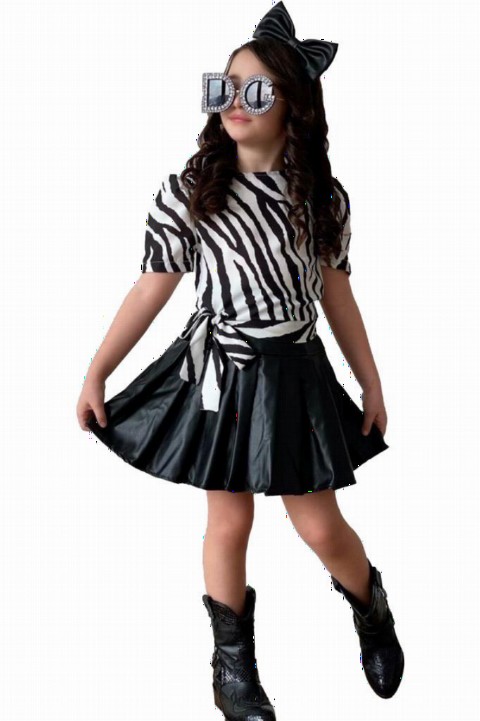 Outwear - Girls' Zebra Patterned Chiffon Blouse and Crown Black Leather Skirt Suit 100327346 - Turkey