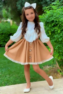 Girl Clothing - بلوزة وتنورة مكشكشة بناتي مع بدلة لوفليت بنية مطرزة بالدانتيل 100328277 - Turkey