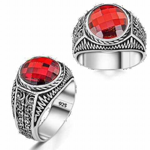 Men Shoes-Bags & Other - Zircon Stone Ottoman Patterned Silver Ring 100350277 - Turkey