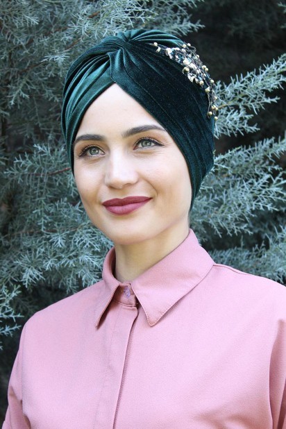 Woman Bonnet & Turban - Velvet Sequined Vera Bonnet Emerald Green 100285066 - Turkey