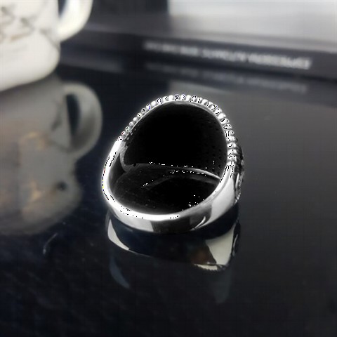 Zircon Stone Rings - Micro Stone Patterned Men's Silver Ring 100349668 - Turkey