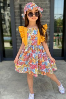 Outwear - Girl's Sleeves Frilly Floral Patterned Yellow Dress 100328346 - Turkey