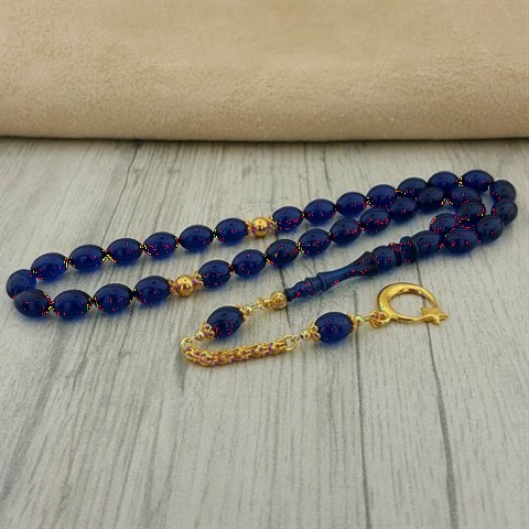 Rosary - Gold Plated Silver Tasseled Parliament Blue Fire Amber Rosary 100350407 - Turkey