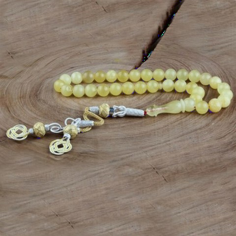 Rosary - Yellow Sphere Cut Kazaz Tasseled Amber Drop Rosary 100349551 - Turkey