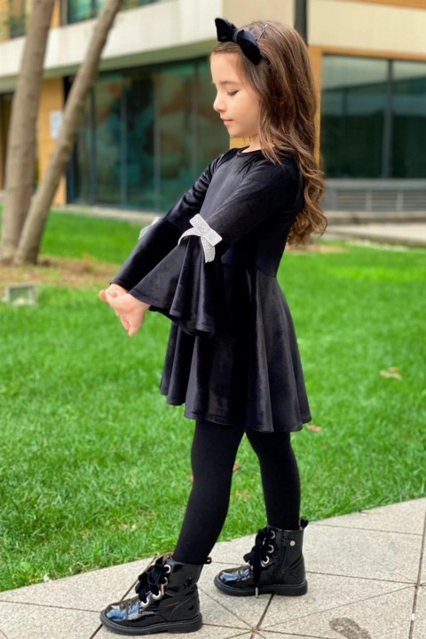 Girl's Ribbon Detailed Black Velvet Dress 100326638