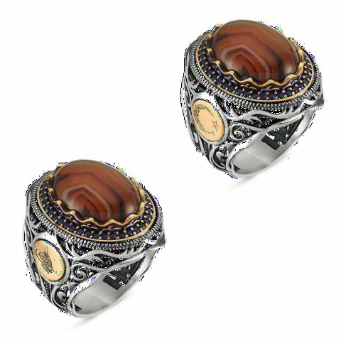 Amber Stone Ottoman Motif Sterling Silver Men's Ring 100348518