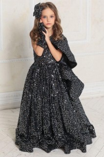 Evening Dress - Girls' One Shoulder Sleeve Flywheel Back Tie Detailed Sequin Black Evening Dress 100327209 - Turkey