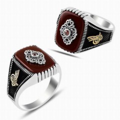 Agate Stone Rings - Solitaire On Agate Stone Sides Ottoman Tugra Motif Silver Ring 100347841 - Turkey