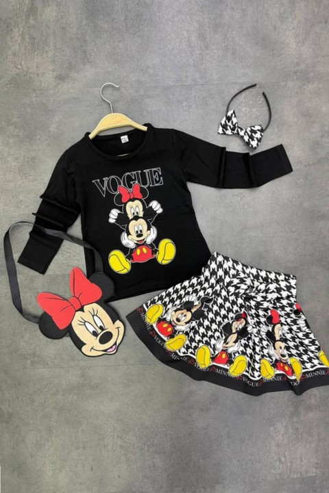 Girl Clothing - Girl's Minnie Mouse Printed Bag and Crowned Black Crowbar Skirt Suit 100327234 - Turkey