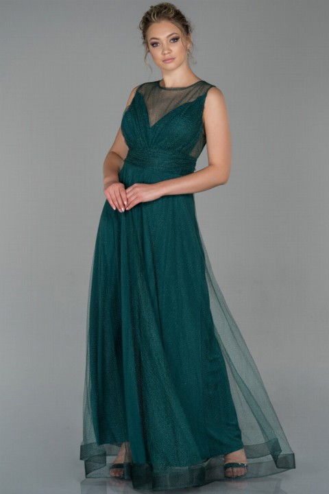 Woman Clothing - Evening Dress Sleeveless Fishnet Organza Long Evening Dress 100297355 - Turkey