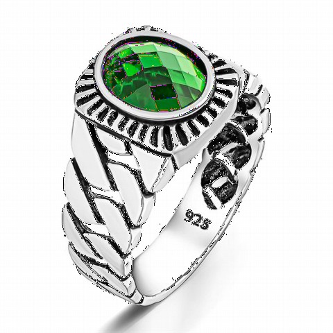 Knitted Patterned Green Zircon Stone Silver Ring 100349125
