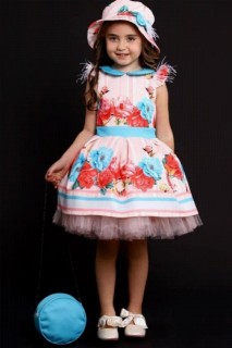 Kids - Girl's New Blue Rose With Bag And Hat Powder Fluffy Dress 100328175 - Turkey