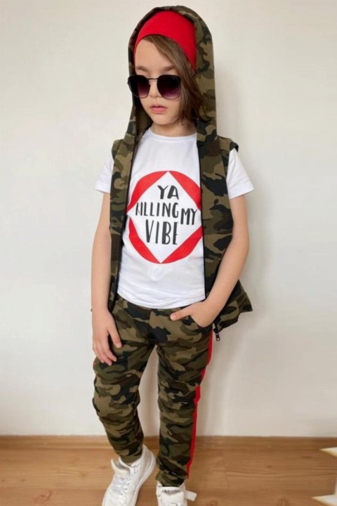 Boy Clothing - Boys Camouflage Vest Printed and Beret 4-Pack Tracksuit 100327288 - Turkey