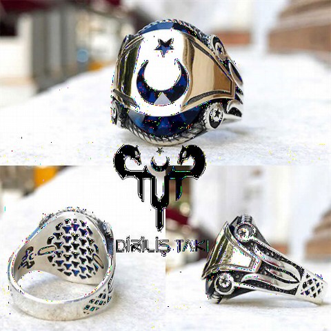 Moon Star Rings - خاتم رجالي من الفضة الإسترليني بحجر الزركون الأزرق من  100348758 - Turkey