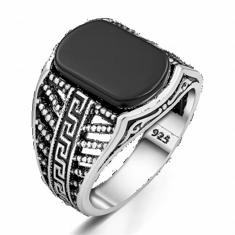 Antique Water Pattern Onyx Stone Silver Ring 100350255