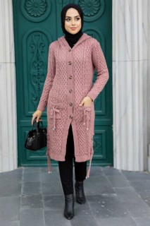 Outwear - Dusty Rose Hijab Knitwear Cardigan 100345033 - Turkey